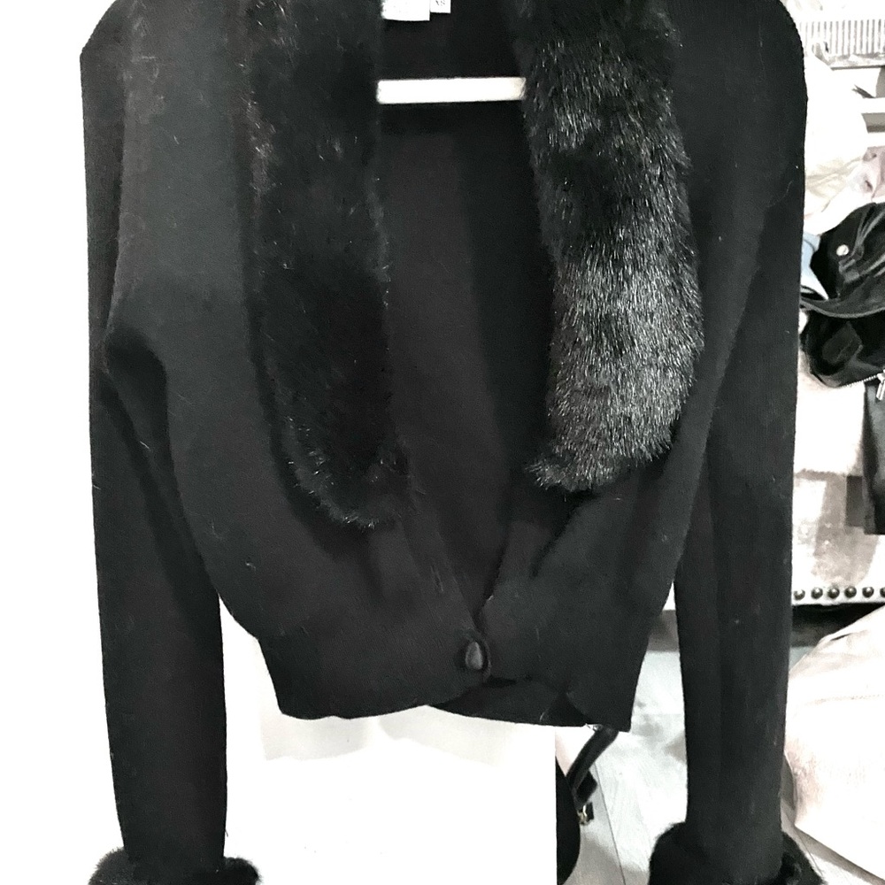 Black Cardigan with Faux Fur Trim